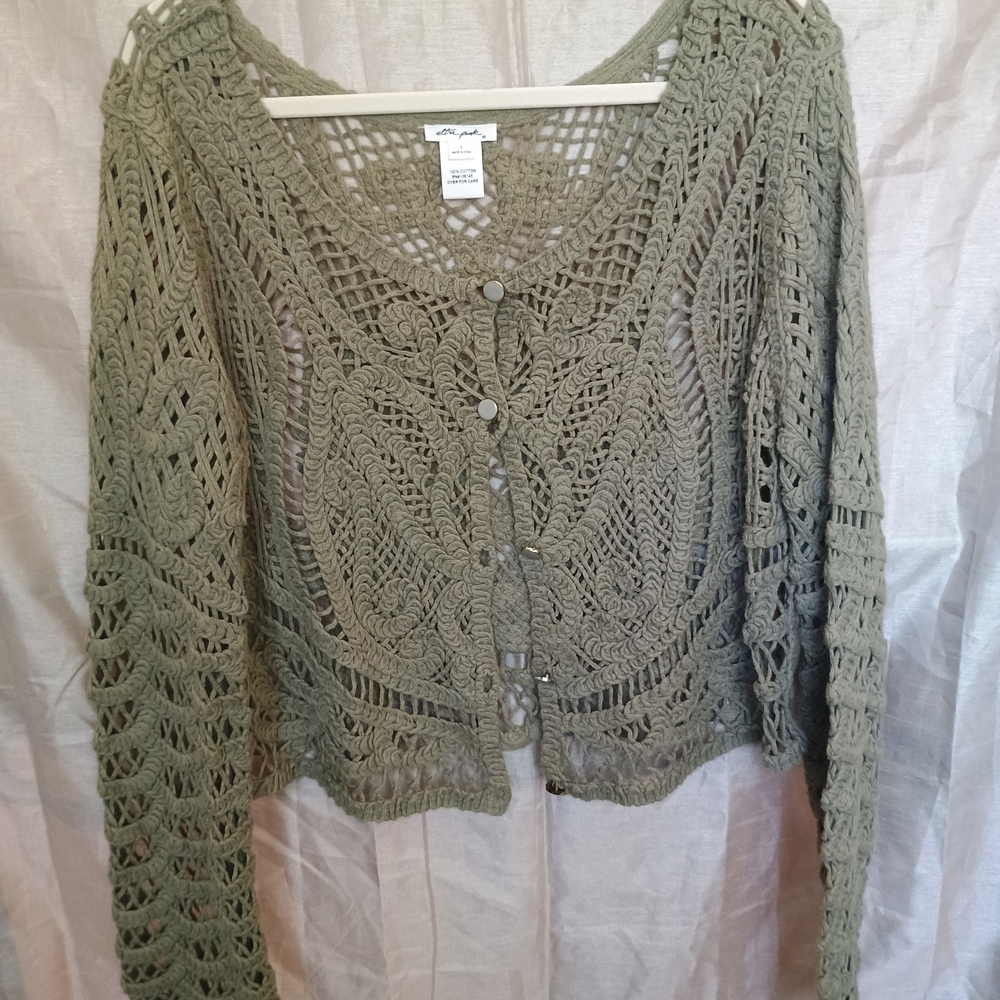 Ultra Pink Sage Green Crochet Button-Up Cardigan